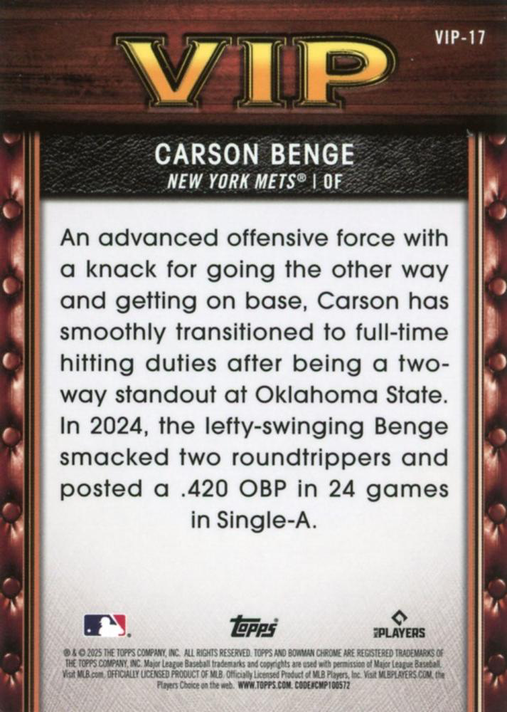 2025 Topps Bowman Very Important Prospects Carson Benge #VIP-17 New York Mets