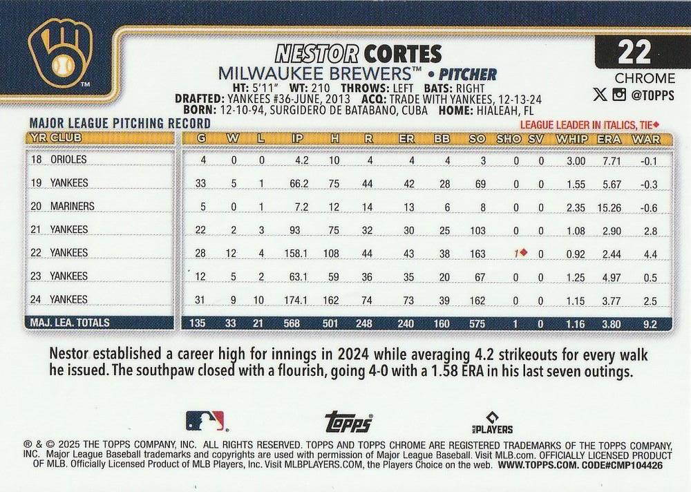 2025 Topps Chrome MLB Nestor Cortes #22 Milwaukee Brewers