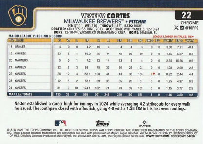 2025 Topps Chrome MLB Nestor Cortes #22 Milwaukee Brewers