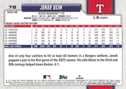 2026 Topps Series 1 Jonah Heim #78 Texas Rangers