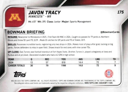2025 Topps Bowman U Chrome Javon Tracy 1st #175 Minnesota Golden Gophers