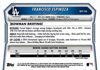 2026 Topps Bowman Chrome Mojo Prospects Francisco Espinoza #BP-106 Los Angeles Dodgers