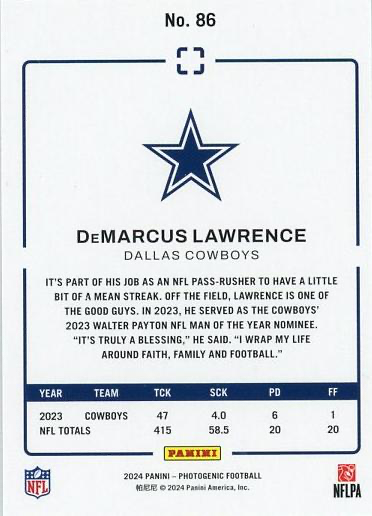 2024 Panini Photogenic DeMarcus Lawrence #86 Dallas Cowboys