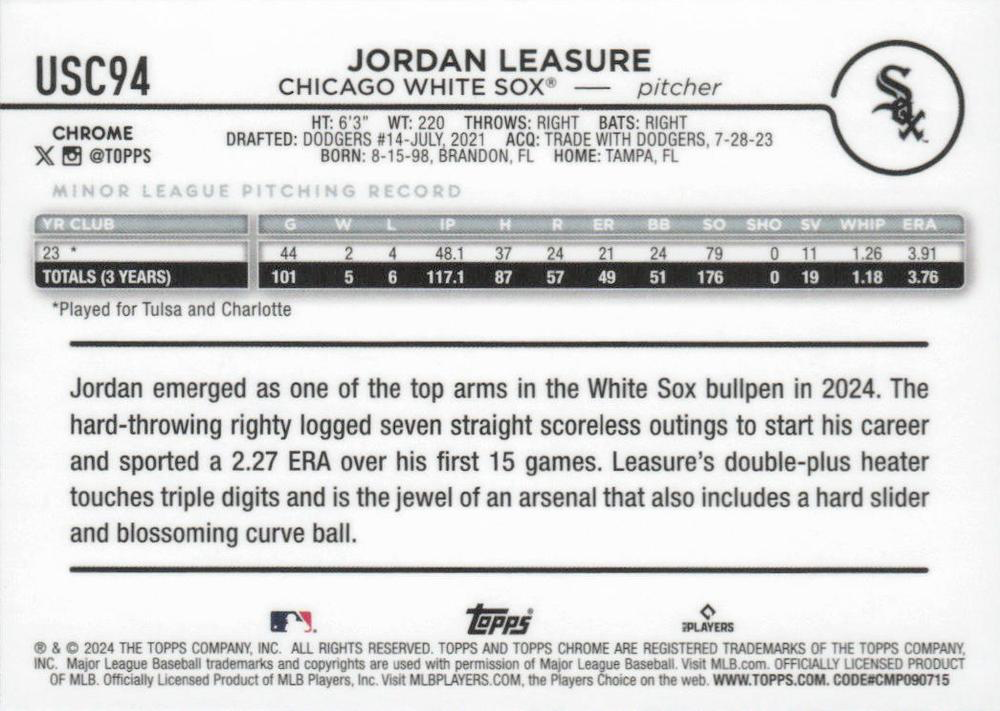 2024 Topps Chrome Update X-Fractor Parallel Jordan Leasure RC Chicago White Sox #USC94