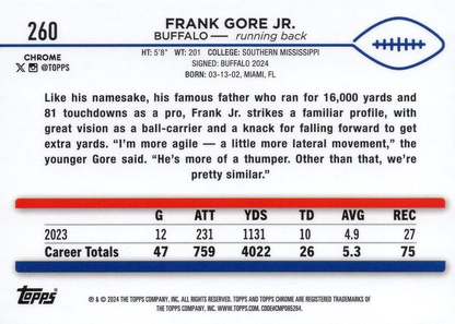 2024 Topps Chrome Football X- Fractor Frank Gore Jr. RC #260 Buffalo Bills