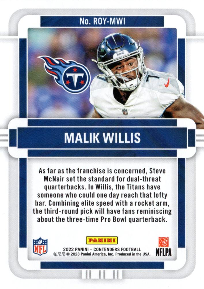 2022 Panini Contenders Rookie of the Year Malik Willis #ROY-MWI Tennessee Titans