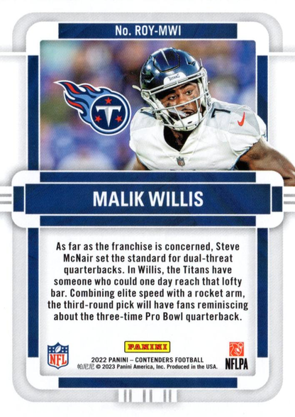 2022 Panini Contenders Rookie of the Year Malik Willis #ROY-MWI Tennessee Titans