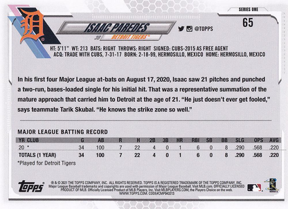 2021 Topps Series 1 Isaac Paredes RC #65 Detroit Tigers
