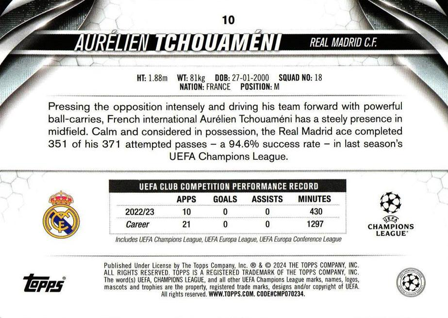 2023 Topps UCC Aurélien Tchouaméni #10 Real Madrid CF