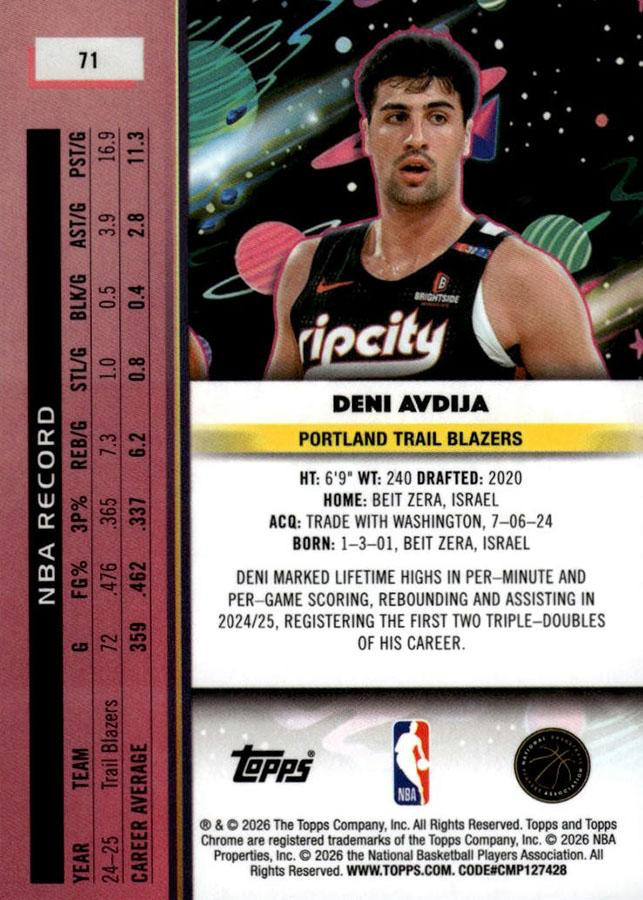 2025 Topps Chrome Cosmic Deni Avdija #71 Portland Trail Blazers