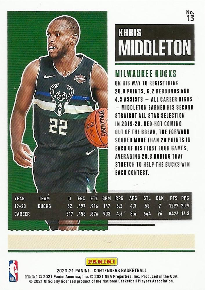 2020 Panini Contenders Khris Middleton #13 Milwaukee Bucks