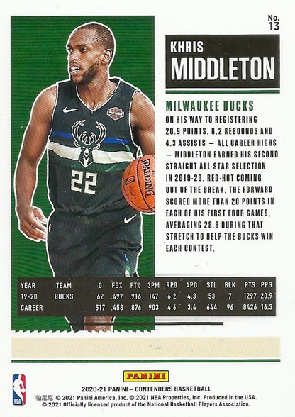 2020 Panini Contenders Khris Middleton #13 Milwaukee Bucks