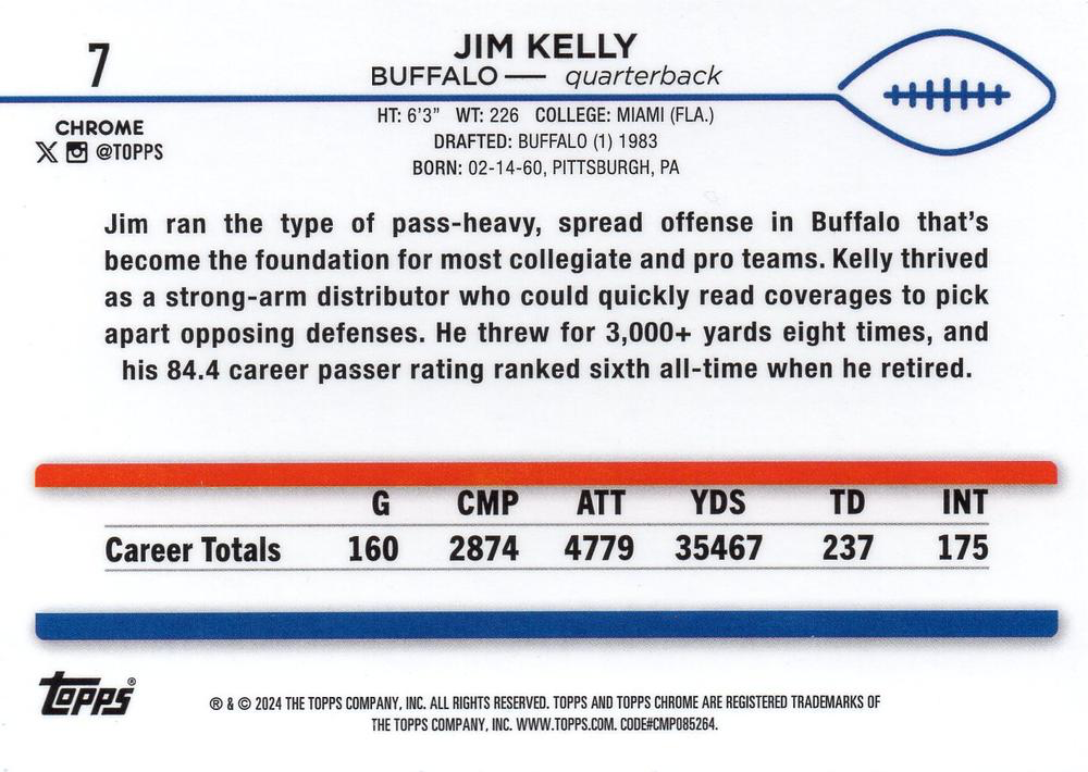 2024 Topps Chrome Football Jim Kelly #7 Buffalo Bills