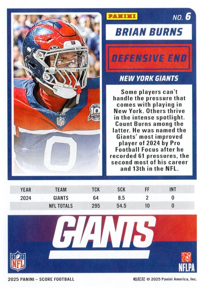 2025 Panini Score Brian Burns #6 New York Giants