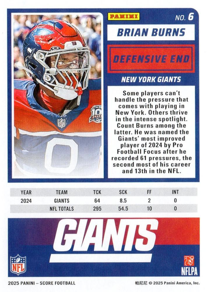 2025 Panini Score Brian Burns #6 New York Giants