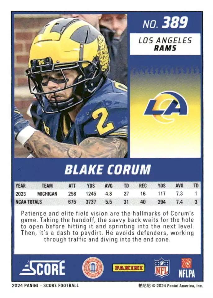 2024 Panini Score Football Blake Corum Los Angeles Rams #389 RC