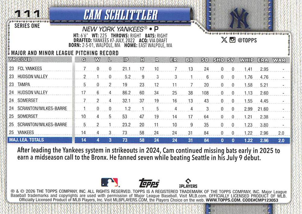 2026 Topps Series 1 Cam Schlittler RC #111 New York Yankees