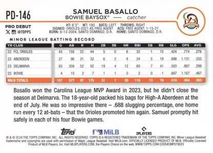 2024 Topps Pro Debut Samuel Basallo #PD-146 Bowie Baysox