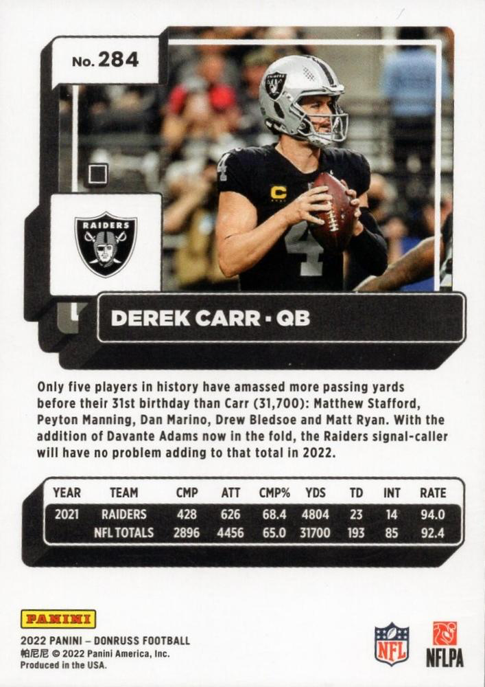 2022 Panini Donruss Derek Carr #284 Las Vegas Raiders