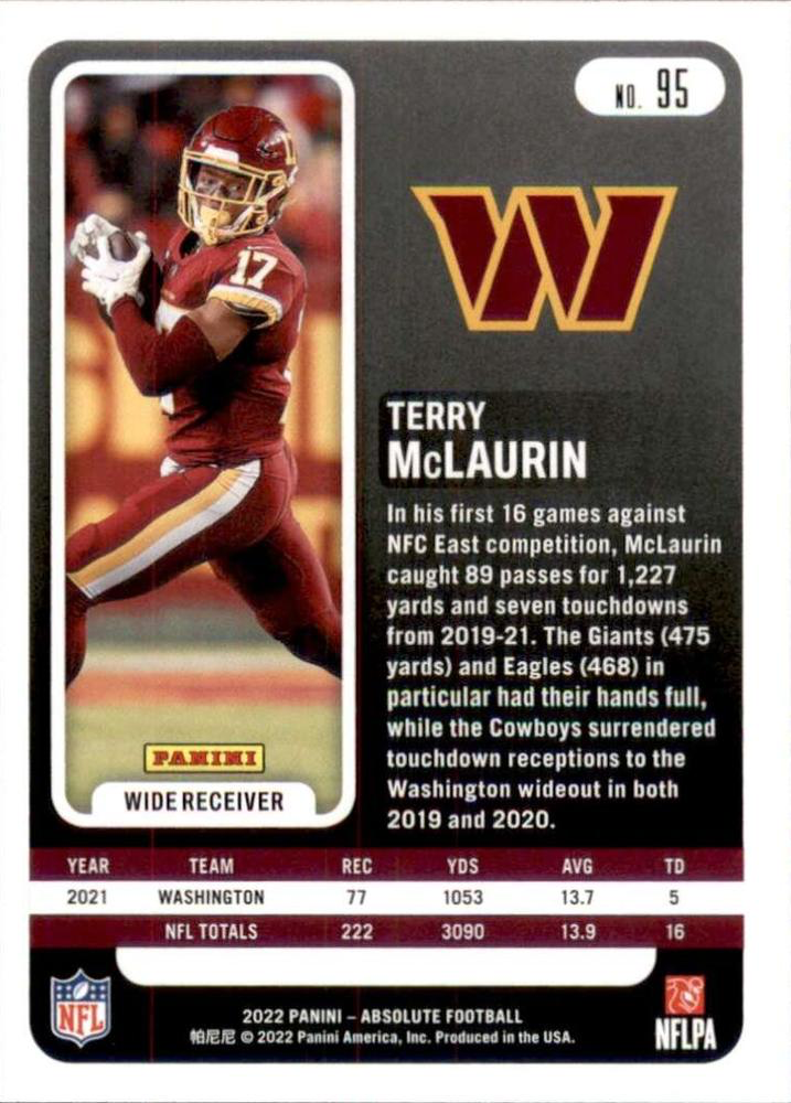 2022 Panini Absolute Terry McLaurin #95 Washington Commanders