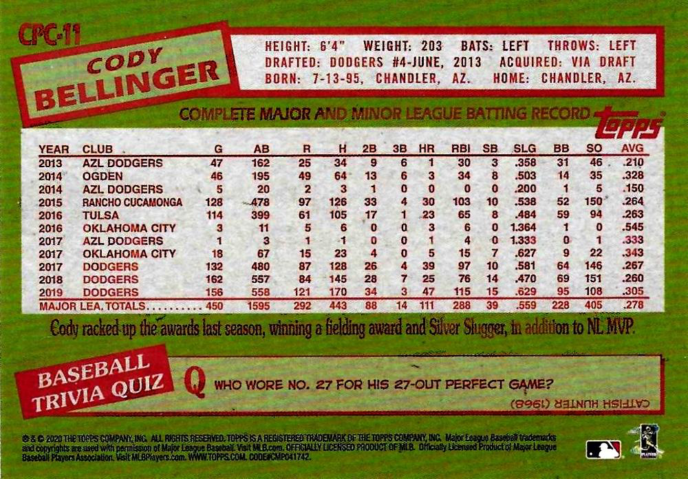 2020 Topps Update 1985 Mojo Cody Bellinger #CPC-11 Los Angeles Dodgers