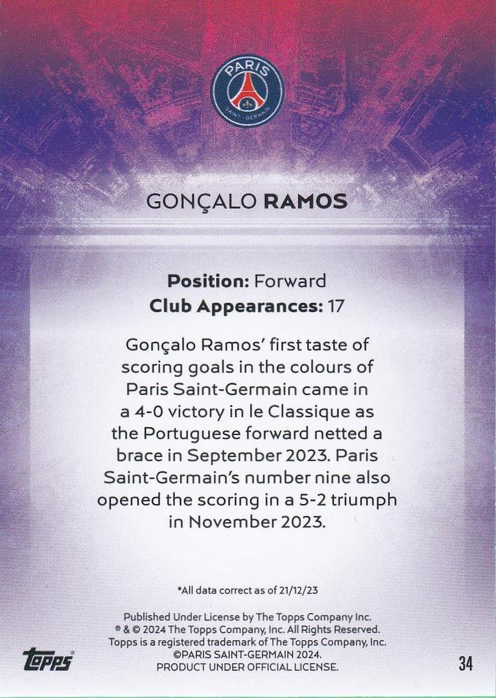 2023 Topps PSG Team Set Light Up Gonçalo Ramos #34 Paris Saint-Germain