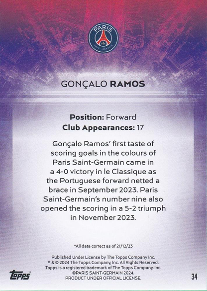 2023 Topps PSG Team Set Light Up Gonçalo Ramos #34 Paris Saint-Germain