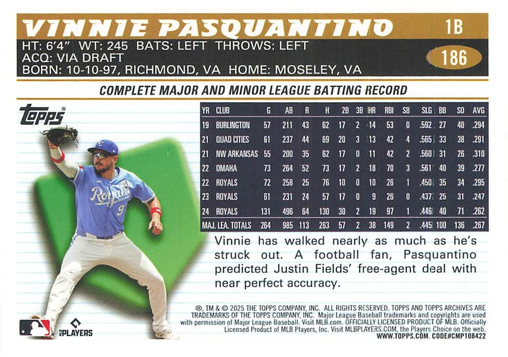 2025 Topps Archives Vinnie Pasquantino #186 Kansas City Royals