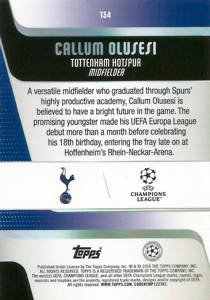 2025 Topps Flagship UCC Calum Olusesi RC #134 Tottenham Hotspur