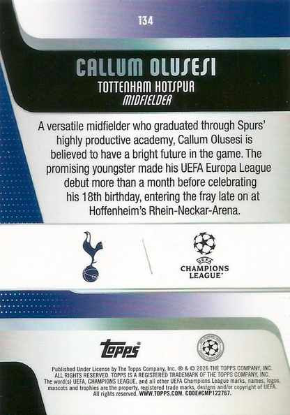 2025 Topps Flagship UCC Calum Olusesi RC #134 Tottenham Hotspur
