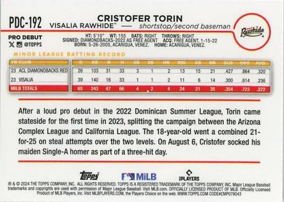2024 Topps Pro Debut Chrome Refractor Cristofer Torin #PDC-192 Visalia Rawhide