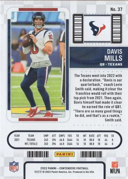 2022 Panini Contenders Davis Mills Houston Texans #37
