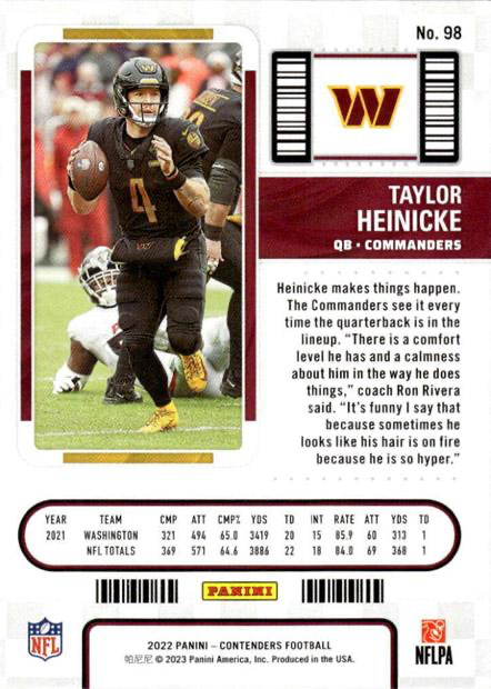 2022 Panini Contenders Taylor Heinicke Washington Commanders #98