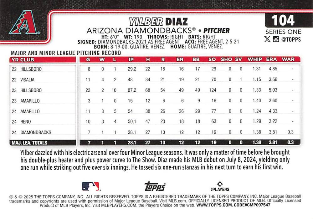 2025 Topps Series 1 Yilber Diaz RC Arizona Diamondbacks #104