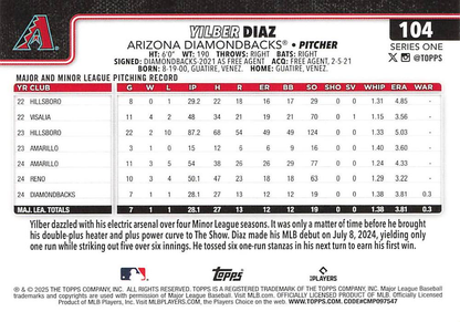 2025 Topps Series 1 Yilber Diaz RC Arizona Diamondbacks #104