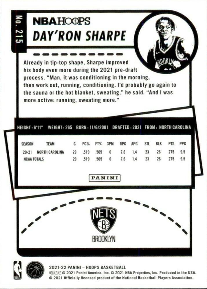 2021 Panini Hoops Day'Ron Sharpe RC #215 Brooklyn Nets