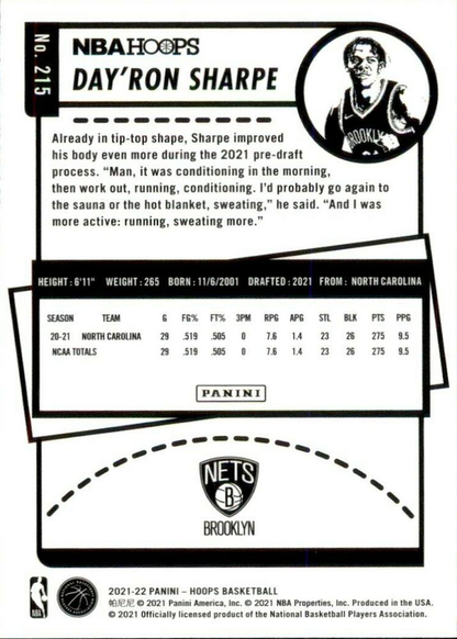 2021 Panini Hoops Day'Ron Sharpe RC #215 Brooklyn Nets