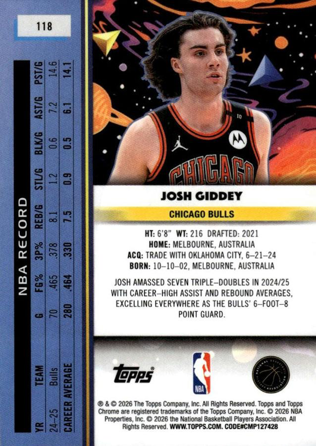 2025 Topps Chrome Cosmic Josh Giddey #118 Chicago Bulls