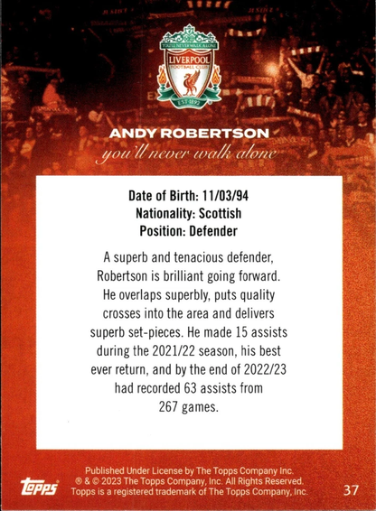 2023 Topps Liverpool Team Set Andy Robertson YNWA #37 Liverpool