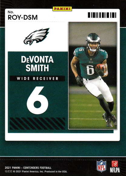 2021 Panini Contenders Rookie of the Year Contenders DeVonta Smith RC Philadelphia Eagles #ROY-DSM