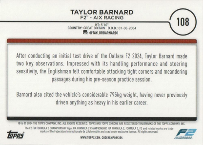 2024 Topps Chrome Formula 1 Taylor Barnard F2C #108 Aix Racing