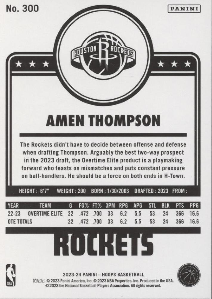 2023 Panini Hoops Hoops Tribute RC Amen Thompson #300 Houston Rockets