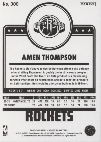 2023 Panini Hoops Hoops Tribute RC Amen Thompson #300 Houston Rockets