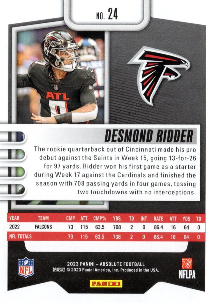 2023 Panini Absolute Desmond Ridder #24 Atlanta Falcons