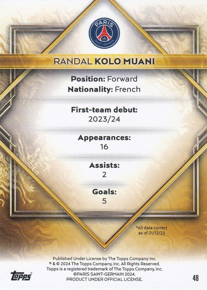2023 Topps PSG Team Set Gold Drip Randal Kolo Muani #48 Paris Saint-Germain