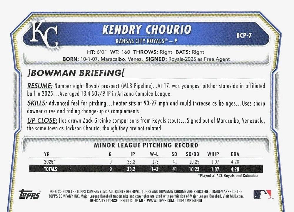 2026 Topps Bowman Chrome Mojo Prospects Kendry Chourio #BP-7 Kansas City Royals