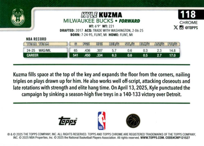 2025 Topps Chrome NBA Kyle Kuzma #118 Milwaukee Bucks