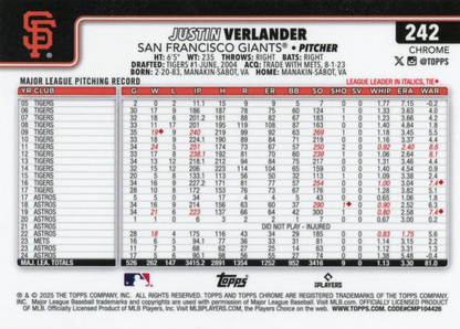 2025 Topps Chrome MLB Justin Verlander #242 San Francisco Giants
