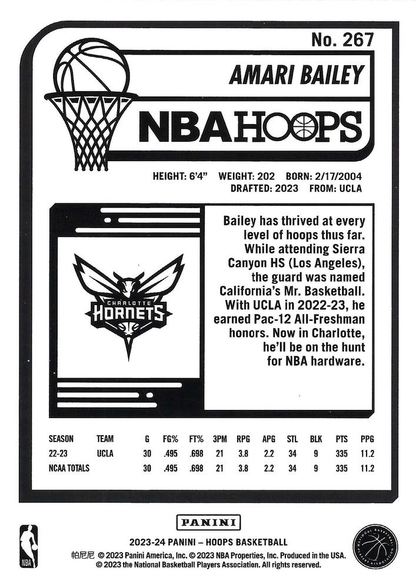 2023 Panini Hoops Amari Bailey RC #267 Charlotte Hornets