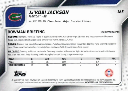 2025 Topps Bowman U Chrome Ja'Kobi Jackson 1st #163 Florida Gators